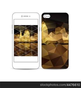 Mobile smartphone with an example of the screen and cover design isolated on white background. Colorful polygonal background, blurred image, night city landscape, triangular vector texture.