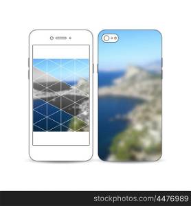 Mobile smartphone with an example of the screen and cover design isolated on white background. Colorful polygonal backdrop, blurred background, sea landscape, modern triangle vector texture.