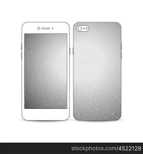Mobile smartphone with an example of the screen and cover design isolated on white background. Molecular construction with connected lines and dots, scientific or digital design pattern on gray background.