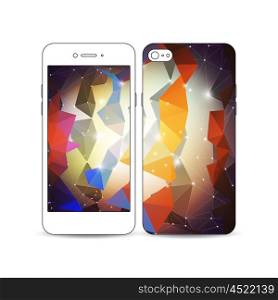 Mobile smartphone with an example of the screen and cover design isolated on white background. Molecular construction with connected lines and dots, scientific pattern on abstract colorful polygonal background, modern stylish triangle vector texture.