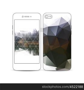 Mobile smartphone with an example of the screen and cover design isolated on white background. Colorful polygonal backdrop, blurred natural background, modern stylish triangle vector texture.