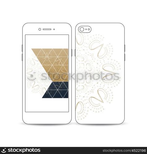 Mobile smartphone with an example of the screen and cover design isolated on white background. Polygonal backdrop with connecting dots and lines, golden connection structure, white background