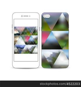 Mobile smartphone with an example of the screen and cover design isolated on white background. Abstract colorful polygonal background, natural landscapes, geometric, triangular style vector.