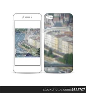 Mobile smartphone with an example of the screen and cover design isolated on white background. Polygonal background, blurred image, urban landscape, modern stylish triangular vector texture.
