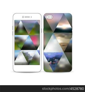 Mobile smartphone with an example of the screen and cover design isolated on white background. Abstract colorful polygonal background, natural landscapes, geometric, triangular style vector.