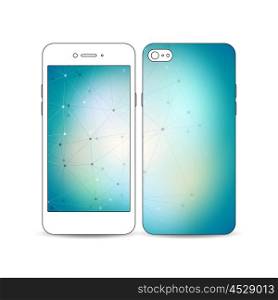 Mobile smartphone with an example of the screen and cover design isolated on white background. Molecular construction with connected lines and dots, scientific or digital design pattern on blue background.