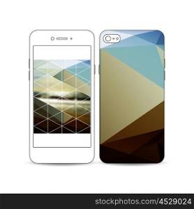 Mobile smartphone with an example of the screen and cover design isolated on white background. Colorful polygonal backdrop, blurred background, sea landscape, modern stylish triangle vector texture.