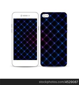 Mobile smartphone with an example of the screen and cover design isolated on white background. Abstract polygonal background, modern stylish square vector texture.