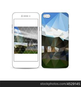 Mobile smartphone with an example of the screen and cover design isolated on white background. Colorful polygonal background, blurred image, urban scene, modern stylish triangular vector texture.