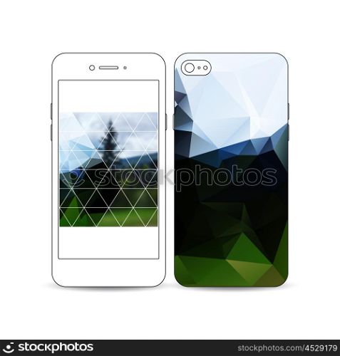 Mobile smartphone with an example of the screen and cover design isolated on white background. Colorful polygonal backdrop, blurred natural background, modern stylish triangle vector texture.