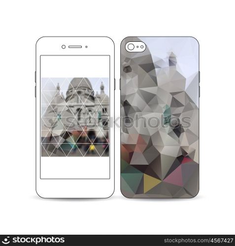 Mobile smartphone with an example of the screen and cover design isolated on white background. Blurred image, view of cathedral Sakre-Ker, Paris cityscape, modern vector texture