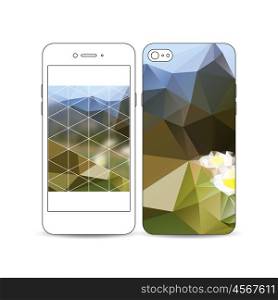 Mobile smartphone with an example of the screen and cover design isolated on white background. Summer landscape. Colorful polygonal backdrop, blurred background, modern stylish triangle vector texture