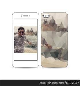 Mobile smartphone with an example of the screen and cover design isolated on white background. Polygonal background, blurred image, vacation, travel, tourism. Modern triangular vector texture.