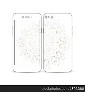 Mobile smartphone with an example of the screen and cover design isolated on white background. Polygonal backdrop with connecting dots and lines, golden connection structure, white background