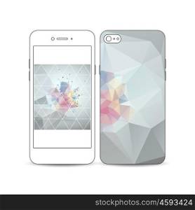 Mobile smartphone with an example of the screen and cover design isolated on white background. Molecular construction with connected lines and dots, scientific pattern, colorful polygonal background