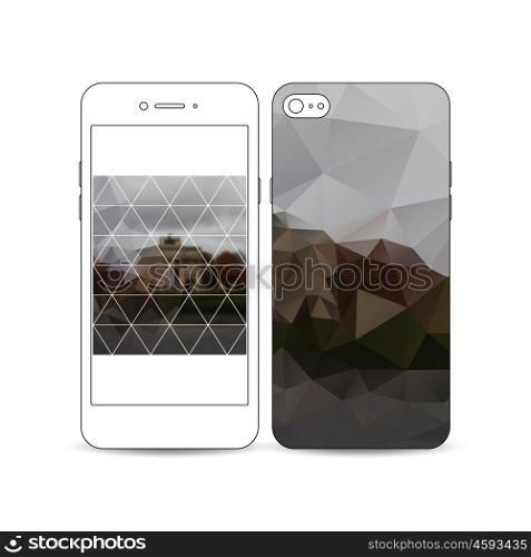 Mobile smartphone with an example of the screen and cover design isolated on white background. Polygonal background, blurred image, urban landscape, Paris cityscape, modern triangular vector texture.