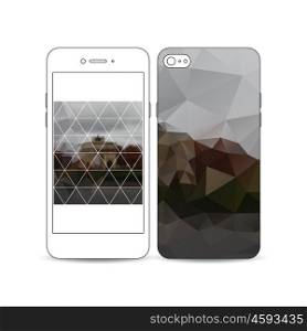 Mobile smartphone with an example of the screen and cover design isolated on white background. Polygonal background, blurred image, urban landscape, Paris cityscape, modern triangular vector texture.