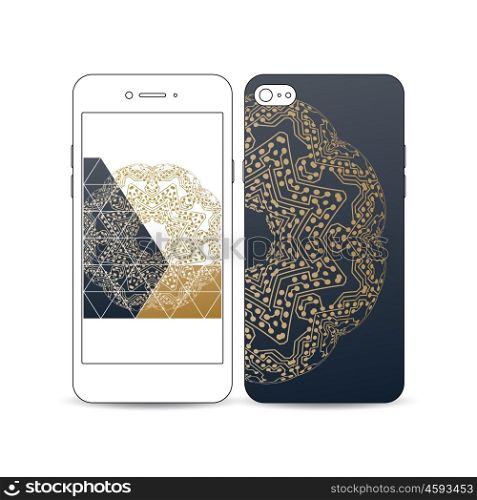 Mobile smartphone with an example of the screen and cover design isolated on white background. Golden microchip pattern, connecting dots and lines, connection structure. Digital scientific background
