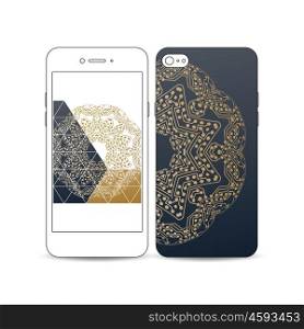 Mobile smartphone with an example of the screen and cover design isolated on white background. Golden microchip pattern, connecting dots and lines, connection structure. Digital scientific background