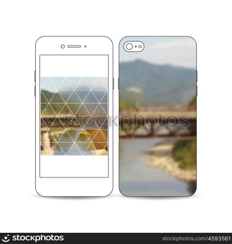 Mobile smartphone with an example of the screen and cover design isolated on white background. Colorful polygonal backdrop, blurred background, nature landscape, modern stylish triangle vector texture
