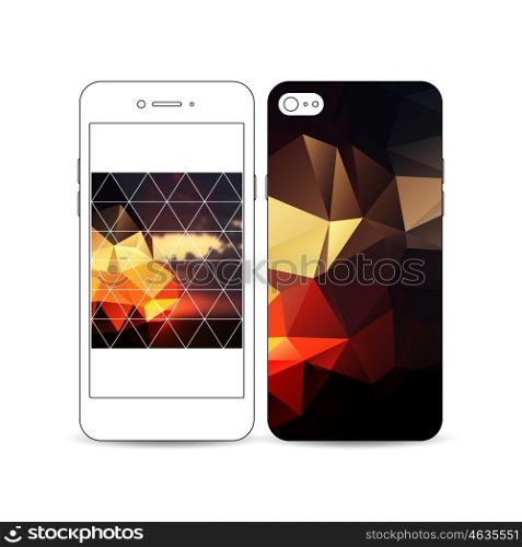 Mobile smartphone with an example of the screen and cover design isolated on white background. Colorful polygonal backdrop, blurred natural background, amazing summer sunset view, triangular texture