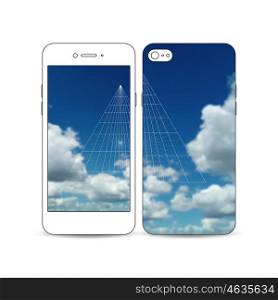 Mobile smartphone with an example of the screen and cover design isolated on white background. Beautiful blue sky, abstract geometric background with white clouds, leaflet cover, business layout, vector illustration.