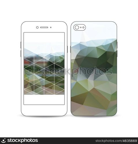Mobile smartphone with an example of the screen and cover design isolated on white background. Polygonal background, blurred image, park landscape, modern stylish vector texture.