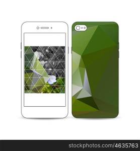 Mobile smartphone with an example of the screen and cover design isolated on white background. Polygonal floral background, blurred image, blue flowers in green grass closeup, triangular texture.
