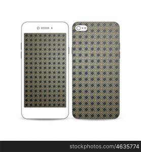 Mobile smartphone with an example of the screen and cover design isolated on white background. Islamic gold pattern, overlapping geometric square shapes forming abstract ornament. Golden texture