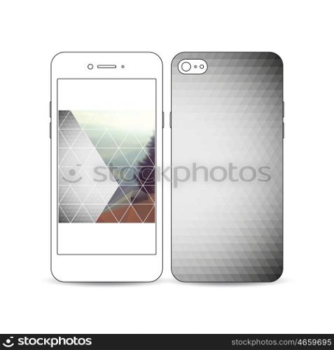 Mobile smartphone with an example of the screen and cover design isolated on white background. Abstract colorful polygonal background, modern stylish triangle vector texture.