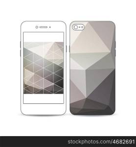 Mobile smartphone with an example of the screen and cover design isolated on white background. Abstract blurred background, modern stylish dark vector texture.