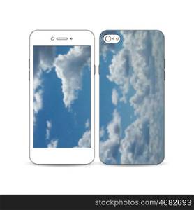 Mobile smartphone with an example of the screen and cover design isolated on white background. Beautiful blue sky, abstract background with white clouds, leaflet cover, business layout, vector illustration.