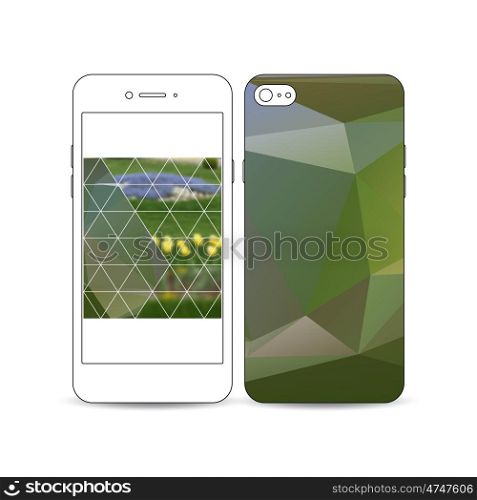 Mobile smartphone with an example of the screen and cover design isolated on white background. Colorful polygonal floral background, blurred image, yellow flowers on green, modern triangular texture.