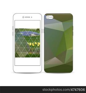 Mobile smartphone with an example of the screen and cover design isolated on white background. Colorful polygonal floral background, blurred image, yellow flowers on green, modern triangular texture.