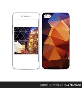 Mobile smartphone with an example of the screen and cover design isolated on white background. Colorful polygonal background, blurred image, night city landscape, festive cityscape, triangular texture