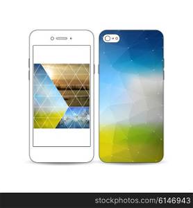 Mobile smartphone with an example of the screen and cover design isolated on white background. Abstract colorful polygonal backdrop, blurred image, modern stylish triangular and hexagonal vector texture.