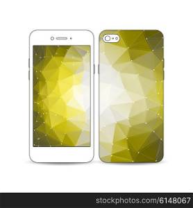 Mobile smartphone with an example of the screen and cover design isolated on white background. Molecular construction with connected lines and dots, scientific pattern on abstract yellow polygonal background, modern stylish triangle vector texture.