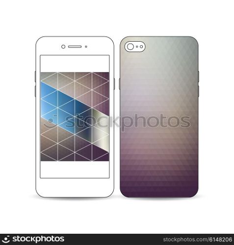 Mobile smartphone with an example of the screen and cover design isolated on white background. Abstract colorful polygonal background with blurred image on it, modern stylish triangle vector texture.