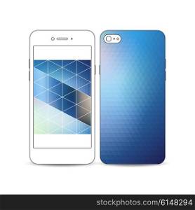 Mobile smartphone with an example of the screen and cover design isolated on white background. Abstract colorful polygonal background with blurred image on it, modern stylish triangle vector texture.