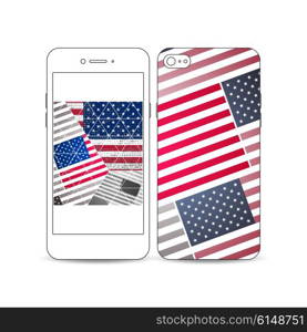 Mobile smartphone with an example of the screen and cover design isolated on white background. Memorial Day background with abstract american flag, vector illustration