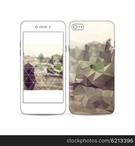Mobile smartphone with an example of the screen and cover design isolated on white background. Polygonal background, blurred image. Modern triangular vector texture.