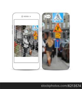 Mobile smartphone with an example of the screen and cover design isolated on white background. Polygonal background, blurred image, urban landscape, cityscape, modern triangular texture.