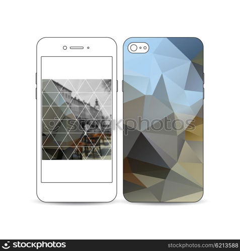 Mobile smartphone with an example of the screen and cover design isolated on white background. Polygonal background, blurred image, urban landscape, cityscape of Prague, modern triangular texture.