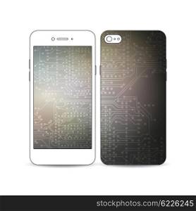 Mobile smartphone with an example of the screen and cover design isolated on white background. Microchip background, electrical circuits, science design vector template.