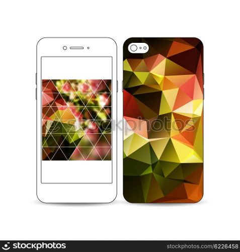 Mobile smartphone with an example of the screen and cover design isolated on white background. Polygonal floral background, blurred image, blue flowers on green, triangular texture.
