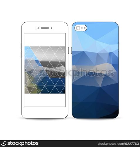Mobile smartphone with an example of the screen and cover design isolated on white background. Colorful polygonal backdrop, blurred background, sea landscape, modern triangle vector texture.