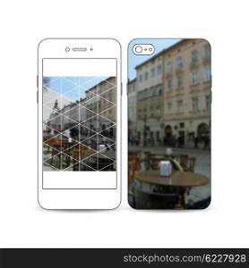 Mobile smartphone with an example of the screen and cover design isolated on white background. Polygonal background, blurred image, urban landscape, cityscape of Prague, modern triangular texture.