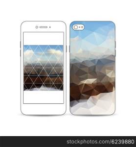 Mobile smartphone with an example of the screen and cover design isolated on white background. Colorful polygonal backdrop, blurred background, mountain landscape, modern triangle vector texture