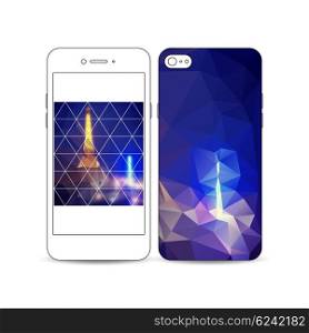 Mobile smartphone with an example of the screen and cover design isolated on white background. Dark polygonal background, blurred image, night city landscape, Paris cityscape, triangular texture.