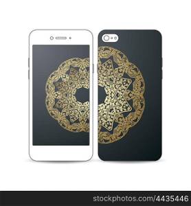 Mobile smartphone with an example of the screen and cover design on white background. Golden microchip pattern on dark background, mandala template with connecting dots and lines, connection structure